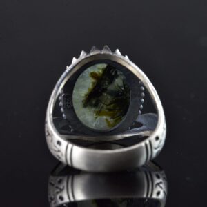 İslami Prehnit Doğal Taş Yüzük, Zülfikar Kılıcı Tasarımı, 925 Ayar Gümüş Erkek Yüzük - Görsel 7