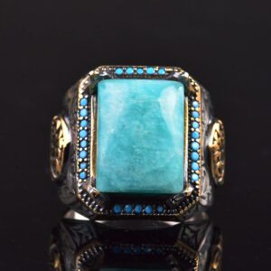 Gerçek Doğal Amazonit Taş Yüzük, Kral Yüzüğü, 925 Ayar Gümüş Yüzük Erkekler İçin - Görsel 2