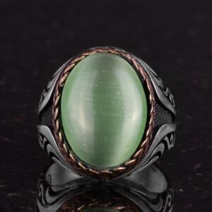 925 Ayar Gümüş Yüzük - Yapay Taş Gümüş Yüzük - El Yapımı Yüzük (Yapay açık yeşil kedigözü) - Görsel 4