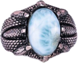 925 Ayar Gümüş Erkek Yüzük, Doğal Taşlı, El Yapımı Vintage Tasarım Pençeli Yüzük (Larimar) - Görsel 1