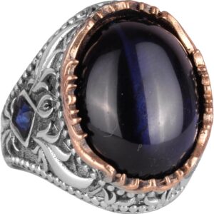 Yapay Taş Yüzük - El Yapımı Erkek Yüzüğü - Zarif 925 Ayar Gümüş Erkek Yüzüğü (Yapay Lacivert Kedi Göz) - Görsel 1