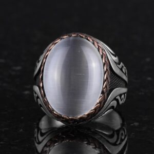 925 Ayar Gümüş Yüzük - Yapay Taş Gümüş Yüzük - El Yapımı Yüzük (Yapay Beyaz Kedi Gözü) - Görsel 6