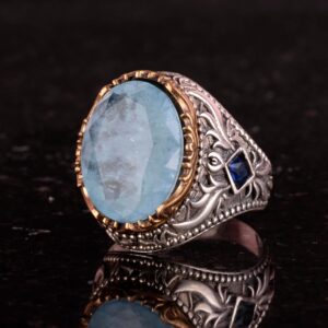 Yapay Taş Yüzük - El Yapımı Erkek Yüzüğü - Şık 925 Ayar Gümüş Erkek Yüzüğü (Yapılan Açık Mavi Paraiba) - Görsel 6