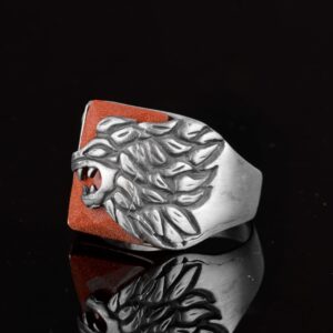 Sterling Gümüş Erkek Aslan Hayvan Yüzüğü - Yapay Goldstone Taşı ile El Yapımı - Görsel 5