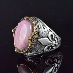 Zambak Desenli Gümüş Yüzük - 925 Ayar Gümüş El Yapımı Erkek Takısı (Rhodonit) - Görsel 4