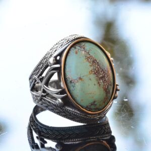 Gerçek Doğal Taş Erkek Yüzük, Kılıç Yüzüğü, 925 Ayar Gümüş Erkek Yüzük (Turkuaz) - Görsel 4