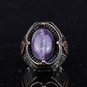 El Yapımı Ametist Taş Yüzük - Spiritüel 925K Katı Sterlin Gümüş Erkek Yüzük, Sezgi ve Koruma Tasarımı - Görsel 4