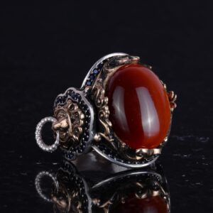 Doğal Kırmızı Akik Taş Yüzük, Aslan Başı Erkek Yüzüğü - 925 Ayar Gümüş Yüzük Erkekler İçin - Görsel 5