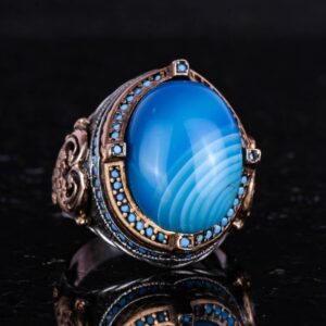 925 Ayar Gümüş Yüzük, Doğal Mavi Akik Taşı ile, El Yapımı Erkek İfadesi Yüzüğü, Vintage Tasarım - Görsel 5