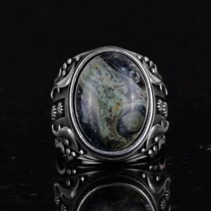 Doğal Yeşil Göz Taşı Yüzük, 925 Ayar Sert Gümüş Erkek Yüzüğü, Doğal Tasarım Gümüş Erkek Yüzüğü - Görsel 4