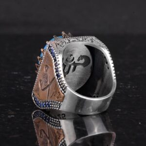 Gerçek Doğal Mavi Akik Taş Yüzük - 925 Ayar Gümüş İslami Yüzük - El Yapımı Hat Yüzük - Görsel 7