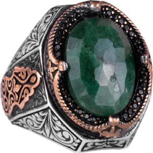 Doğal Zümrüt Taşlı Yüzük - 925 Ayar Gümüş Yüzük Erkekler İçin, Farklı Yüzük - Görsel 1