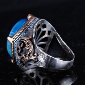 925 Ayar Gümüş Yüzük, Doğal Mavi Akik Taşı ile, El Yapımı Erkek İfadesi Yüzüğü, Vintage Tasarım - Görsel 7