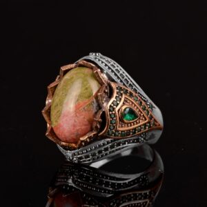 Unakite Gerçek Doğal Taş Yüzük, Sterlin Gümüş Erkek Yüzük - Görsel 5