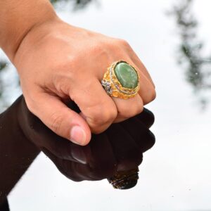 Gerçek Doğal Kriyospras Taşlı Yüzük, Sterlin Gümüş Erkek Yüzüğü, Altın Kaplama - Görsel 7