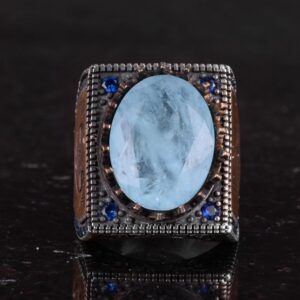 925 Ayar Gümüş İslami Yüzük, Yapay Taş Yüzük, El Yapımı Hat Yazısı Yüzük (Yapay Açık Mavi Paraiba) - Görsel 4