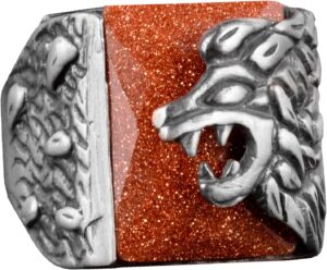 Sterling Gümüş Erkek Aslan Hayvan Yüzüğü - Yapay Goldstone Taşı ile El Yapımı - Görsel 1