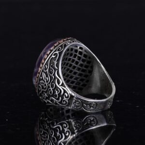 925 Ayar Katı Gümüş Erkek Yüzük, Doğal Ametist Taşlı Yüzük, Büyük Tasarım Gümüş Erkek Yüzük - Görsel 6