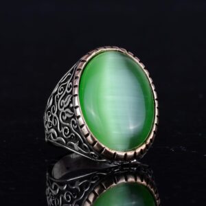 925 Ayar Gümüş Erkek Yüzük, Büyük Yüzük (Açık Yeşil Kedi Gözü Taş) - Görsel 6