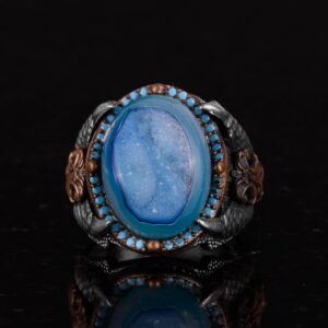 Eşsiz Doğal Druzy Kuvars ile 925 Ayar Gümüş Yüzük: Mavi, Lacivert, - Görsel 4