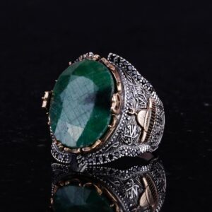 İslami Gümüş Yüzük, Doğal Zümrüt Taşlı Yüzük, 925 Ayar Tam Gümüş Erkek Yüzüğü - Görsel 4
