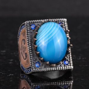 Gerçek Doğal Mavi Akik Taş Yüzük - 925 Ayar Gümüş İslami Yüzük - El Yapımı Hat Yüzük - Görsel 5