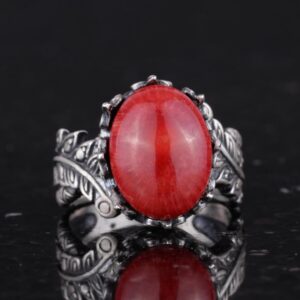 Gerçek Doğal Kırmızı Mercan Taşlı Gümüş Kadın Yüzüğü, Vintage Bohem Tasarım - Görsel 4