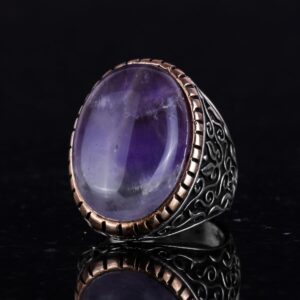 925 Ayar Katı Gümüş Erkek Yüzük, Doğal Ametist Taşlı Yüzük, Büyük Tasarım Gümüş Erkek Yüzük - Görsel 4