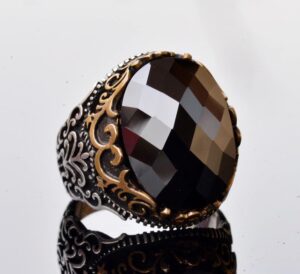 Doğal Obsidiyen Taş Yüzük, 925 Ayar Gümüş Yüzük ile Taş, Erkekler için Hediye Siyah - Görsel 3