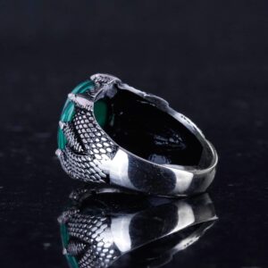 925 Ayar Gümüş Erkek Yüzük, Doğal Taşlı, El Yapımı Vintage Tasarım Pençeli Yüzük (Malaşit) - Görsel 7