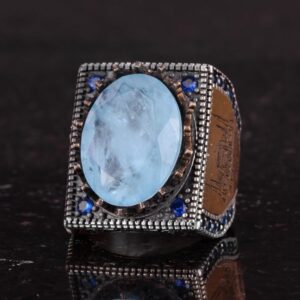 925 Ayar Gümüş İslami Yüzük, Yapay Taş Yüzük, El Yapımı Hat Yazısı Yüzük (Yapay Açık Mavi Paraiba) - Görsel 6