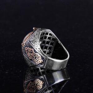 925 Ayar Katı Gümüş Erkek Yüzük - Gerçek Doğal Cabochon Altın Rutilat Kuvars Taş Yüzük - Görsel 7