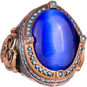 925 Ayar Gümüş Erkek Yüzük, Oluşturulmuş Mavi Kedi Göz Taşı, El Yapımı Vintage Tasarım İfadeli Yüzük - Görsel 1