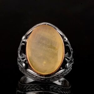 Gerçek Doğal Taş Erkek Yüzüğü, Kılıç Yüzüğü, 925 Ayar Gümüş Erkek Yüzüğü (Kehribar) - Görsel 3