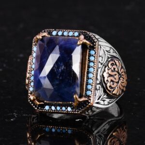 Doğal Safir Taşlı Yüzük, Dikdörtgen Tasarım - 925 Ayar Gümüş Erkek Yüzüğü, El Yapımı Şıklık - Görsel 6
