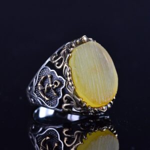 Denizci Çapa Gümüş Yüzük, Doğal Taş Yüzük, 925 Ayar Gümüş Yüzük (Kehribar) - Görsel 3