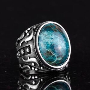 Gerçek Doğal Krysokolla Taşlı Yüzük, 925 Ayar Sert Gümüş Erkek Yüzüğü, Tasarım Gümüş Erkek Yüzüğü - Görsel 5