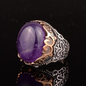 Erkekler için Doğal Ametist Taşlı Yüzük, 925 Ayar Gümüş El Yapımı Vintage Tarzı, Şifa Kristali Takı - Görsel 5