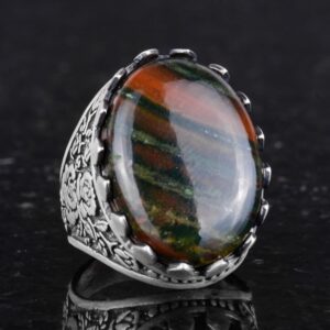 Gerçek Doğal Taş Yüzük - Gül Desenli Yüzük - 925 Ayar Gümüş Yüzük - El Yapımı Büyük Yüzük (Yeşil Kan Taşı) - Görsel 5