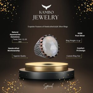 925 Ayar Katı Gümüş Erkek Yüzük Doğal Taşlarla - El Yapımı Şıklık (Kesilmiş Akuamarin Taşı) - Görsel 6