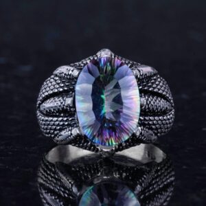 Sterling Gümüş Pençe Yüzük Gerçek Doğal Mystic Topaz Taşı ile - Yay Burcu için El Yapımı Yüzük Spiritüel Farkındalık ve Denge - Görsel 3