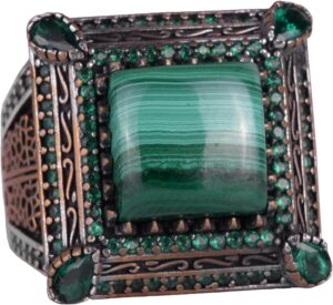 925 Ayar Gümüş Erkek Yüzük, Doğal Malakit Taşı ile - Lüks ve Farklı Tasarım (Malakit) - Görsel 1