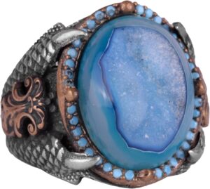 Eşsiz Doğal Druzy Kuvars ile 925 Ayar Gümüş Yüzük: Mavi, Lacivert, - Görsel 1