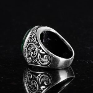 El Yapımı Doğal Yeşim Taşı Yüzük - Huzurlu 925 Ayar Katı Gümüş Erkek Yüzüğü - Uyum ve Refah Tasarımı - Görsel 7