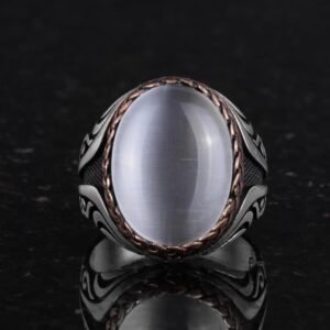 925 Ayar Gümüş Yüzük - Yapay Taş Gümüş Yüzük - El Yapımı Yüzük (Yapay Beyaz Kedi Gözü) - Görsel 4