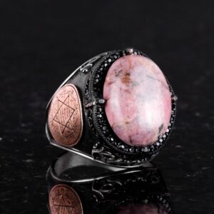 Gerçek Doğal Rodonit Taş Yüzük, Gümüş Süleyman Mühürü Yüzüğü, 925 Ayar Katı Gümüş Erkek Yüzüğü - Görsel 5