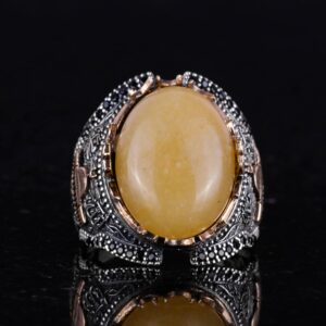 Mescidi Aksa Doğal Sarı Akik Taş Yüzük, 925 Ayar Gümüş Yüzük Erkekler İçin - Görsel 3