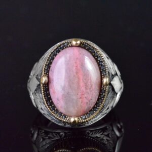 Zambak Desenli Gümüş Yüzük - 925 Ayar Gümüş El Yapımı Erkek Takısı (Rhodonit) - Görsel 5