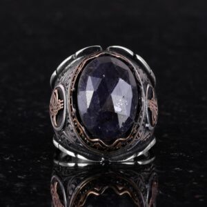 Doğal Taş Mavi Safir Yüzük, 925 Ayar Gümüş Yüzük, Osmanlı Gümüş Yüzük, Farklı Yüzük - Görsel 3