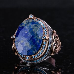 925 Ayar Gümüş Yüzük, Doğal Sodalit Taşı ile, El Yapımı Erkek İfadeli Yüzük, Vintage Tasarım - Görsel 6